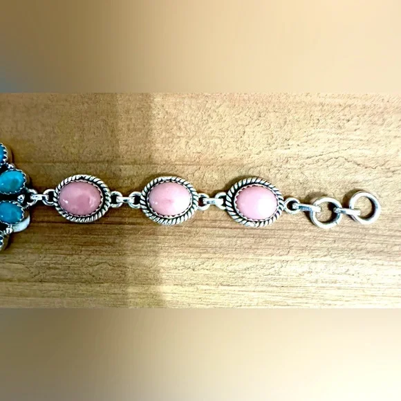 NWT Sterling Silver Pink Opal and Kingman Turquoise Bracelet - Picture 11 of 14